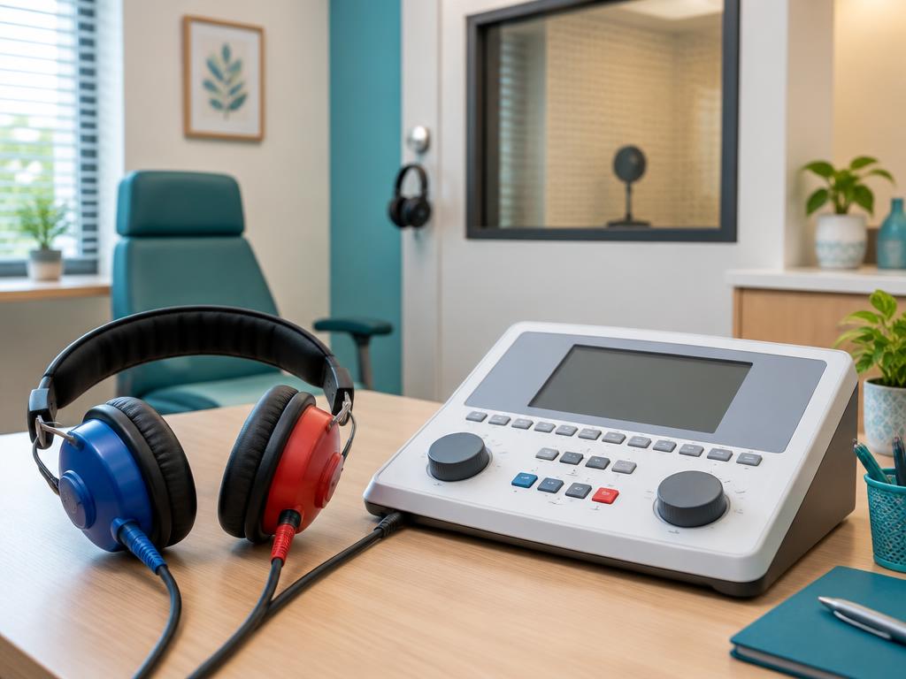 Audiometer and headphones used for professional hearing assessment